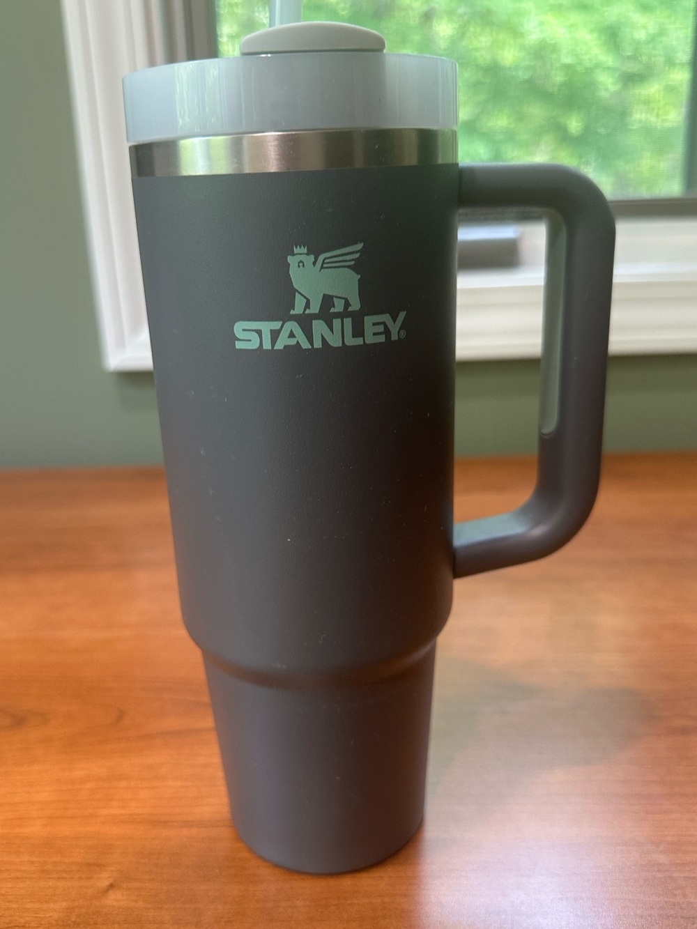 Stanley Dark Gray Travel Mug with Mint Logo and Light Gray Lid